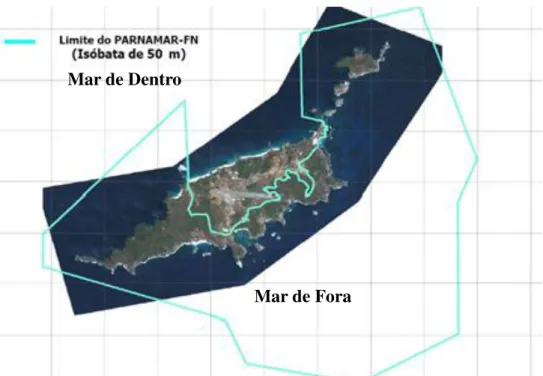 Figura 3. Arquipélago de Fernando de Noronha, localização do Mar de fora e do Mar de dentro