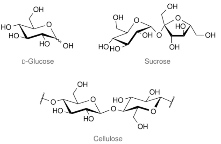 Figure 2.1: Representative structures of monosaccharides ( d -glucose), oligosaccharides (su- (su-crose) and polysaccharides (cellulose).