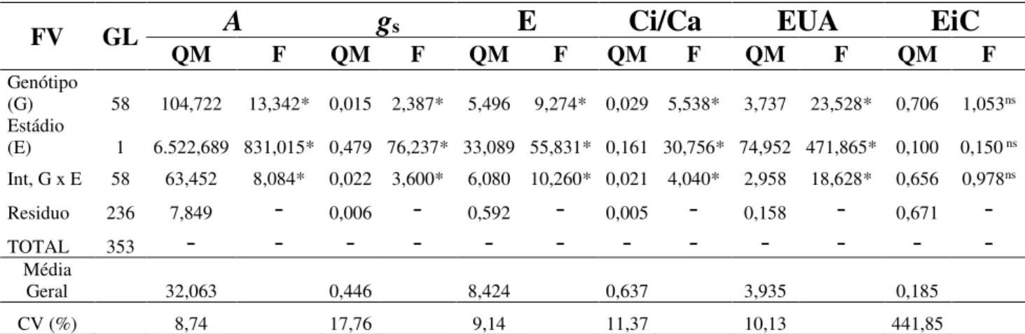 Tabela 1 - Resumo das análises de variância para as variáveis (A), (gs), (E), (Ci/Ca), (EUA), (EiC), analisadas nas  duas fases fenológicas (vegetativa e reprodutiva) de genótipos de feijão-caupi