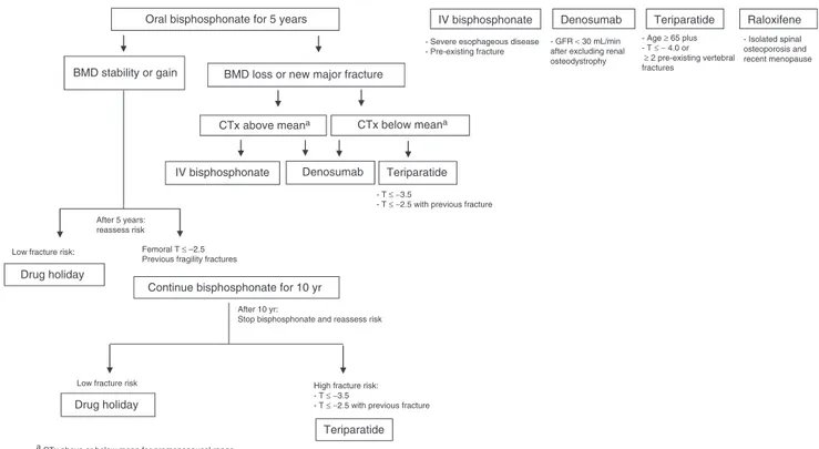 Fig. 2 – Proposal for pharmacological treatment of postmenopausal osteoporosis in the Brazilian public health care system.