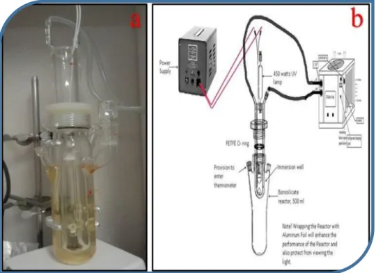 Figura  3  Um  reator  UV  de  quartzo  mercúrio  de  450W  de  média  pressão:  (a)  visão  fotográfica  e  (b)  visão  esquemática