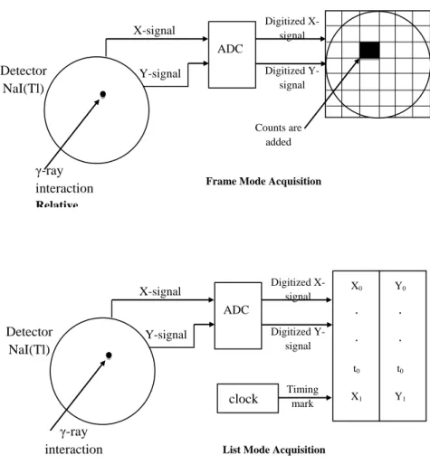 Figure 2.24. Data acquisition in frame mode and list mode (Adapted from Saha, 2013) γ-ray interaction Detector NaI(Tl) X-signal Y-signal Digitized X-signal Digitized Y-signal ADC 