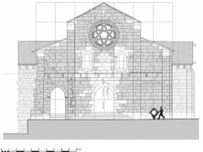Fig. 9 – Proposta de reconstituição da fachada da igreja medieval do Mosteiro de S. João de Tarouca, com anotação aritmológica do sistema ad quadratum