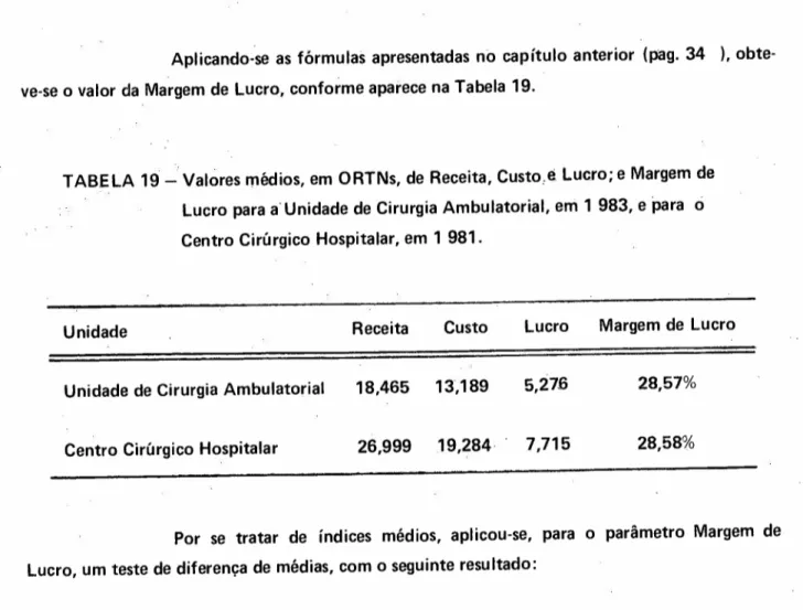 TABELA 19 - Valores médios, em ORTNs, de Receita, Custo.e Lucro; e Margem de Lucro para a' Unidade de Cirurgia Ambulatorial, em 1 983, e para o Centro Cirúrgico Hospitalar, em 1 981.