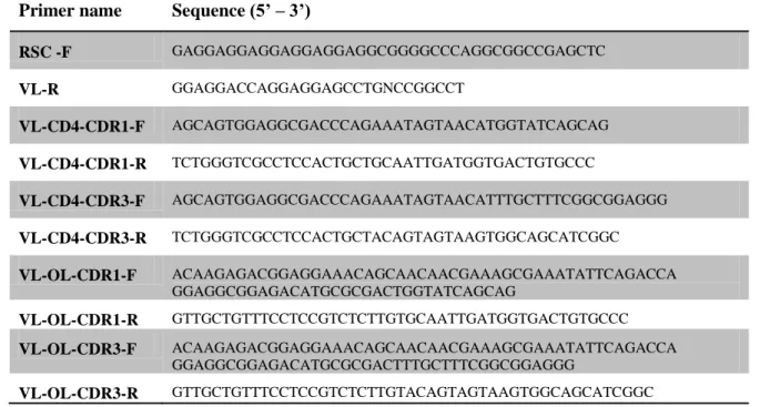 Table 2.1– Coding sequences used for CDR grafting of gp120 epitopes. 