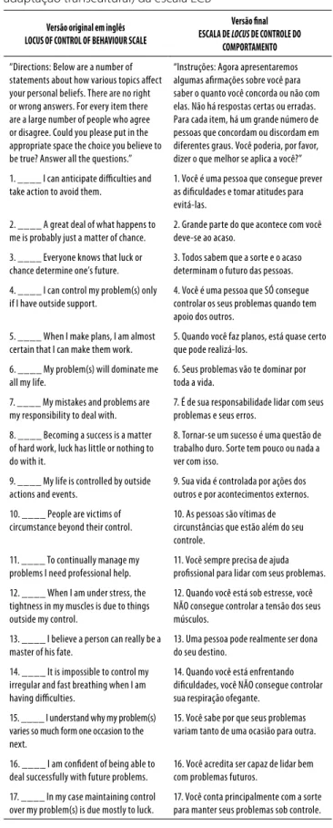 Tabela 1. Comparação entre as versões original e final (com 