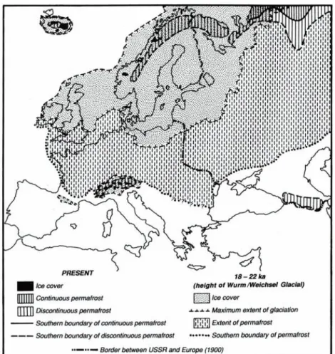 Figure  1.3.  Extent  of  ice  cover  and  permafrost  during  the  last  Glaciation  in  Europe