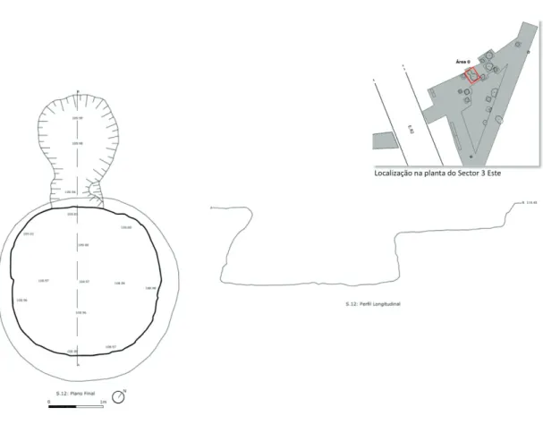 Figura 2 – Sondagem 12: planta final e perfil longitudinal da estrutura identificada, com indicação (em cima, à  direita) da sondagem na Área 0 (Desenhos: Gonçalo Lopes / Joaquim Pinhão / Filipa Rodrigues).
