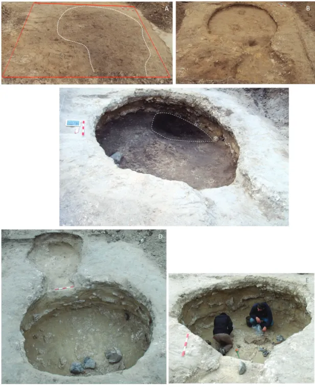 Figura 3 – Evolução da escavação arqueológica da Sondagem 12: A. Topo da estrutura, aquando da sua identi‑
