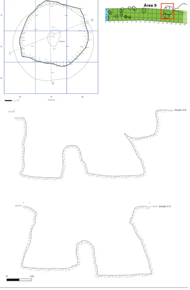 Figura 6 – EN XXXII: planta final (da estrutura circular de maiores dimensões) e perfil longitudinal da estru‑