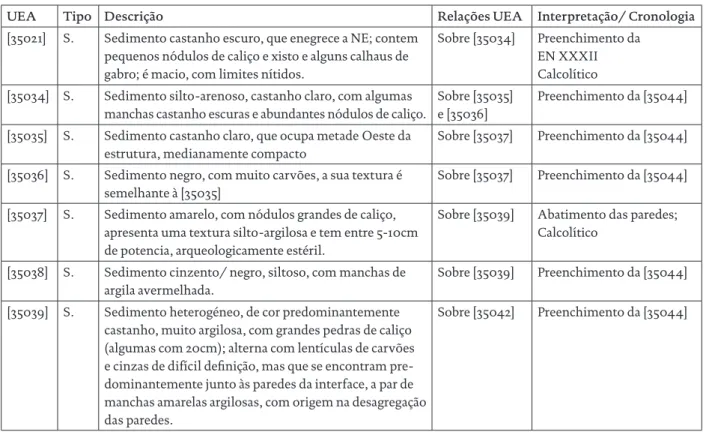 Tabela 4 – Descrição sucinta das UEA documentadas na EN XXXII (UEA = Unidades Estratigráficas Arqueológicas; S.= 