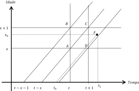 Figura 2 Diagrama de Lexis - Óbitos registados à idade x no ano t 