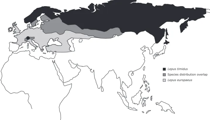 Figure 1. Approximate mountain and European hare distribution. Approximate distributions of the mountain hare, Lepus timidus, and the European hare, L