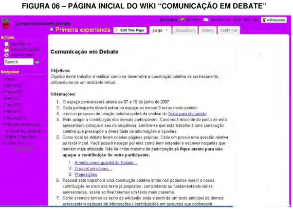 FIGURA 06 – PÁGINA INICIAL DO WIKI “COMUNICAÇÃO EM DEBATE” 