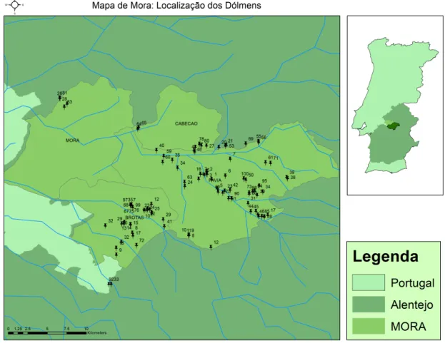 Figura 7: Localização dos Dólmens no concelho de Mora. 