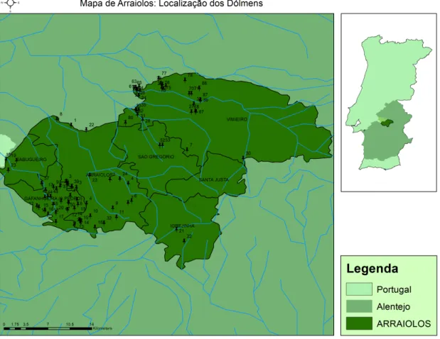 Figura 8: Localização dos Dólmens no concelho de Arraiolos. 