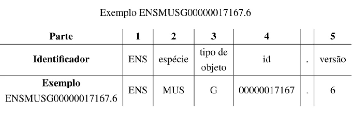 Tabela 2.1: Identificador Ensembl Exemplo ENSMUSG00000017167.6
