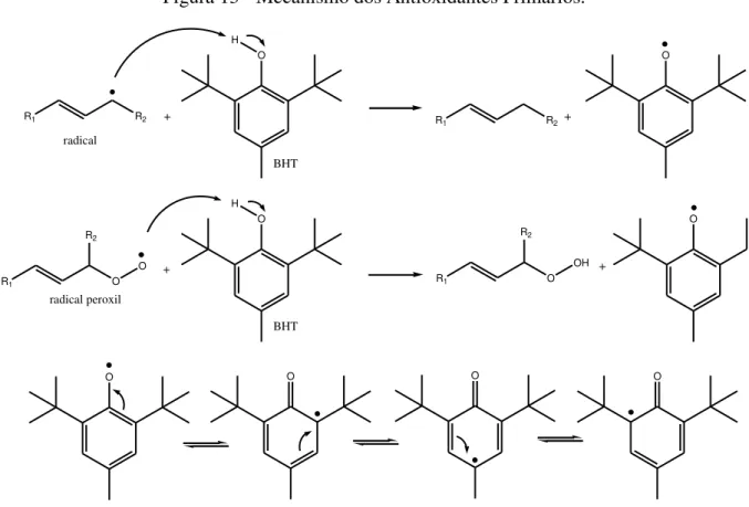 Figura 13 - Mecanismo dos Antioxidantes Primários.  R 1 R 2 + O R 1 R 2 O+ R 1 OR2 O + O R 1 OR2 OH + O O O O OHHradicalBHTradical peroxilBHT