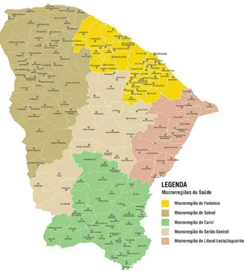 Figura 5 -  Mapa do Ceará com divisão geográfica municipal e por macrorregião de  saúde, SESA/CE, 204