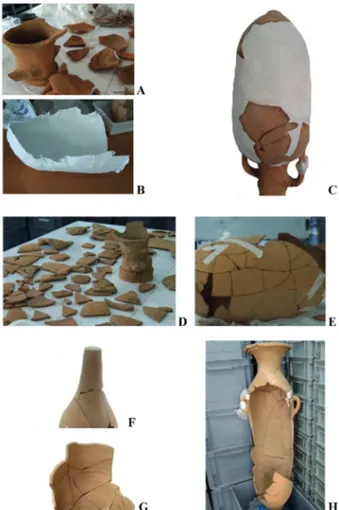 Fig. 2. Detalles del proceso de restauración preliminar de las ánforas mauritanas en  las dependencias del Laboratorio del Centro de Interpretación de Tamuda: recuento  de fragmentos (A), elaboración del molde (B) y proceso de reintegración matérica  del á