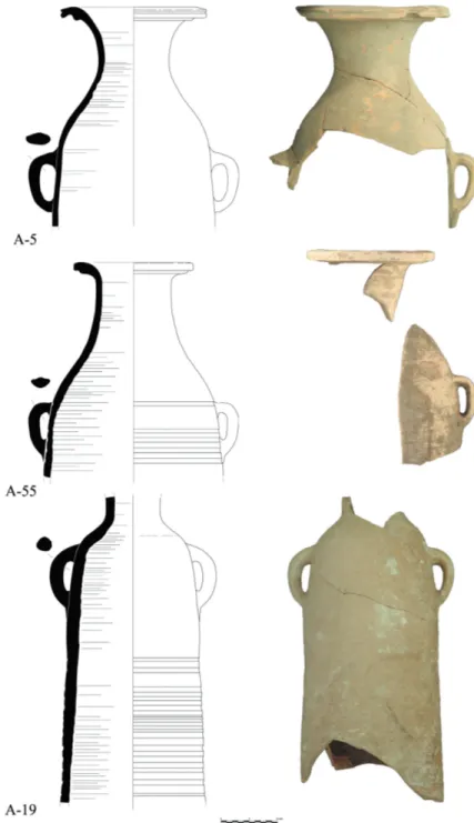 Fig.  7.  Ánforas del tipo Mauritana Occidental II fragmentarias (A-5, A-55) y tar- tar-dopúnica de la Serie 7 indeterminada (A-19).