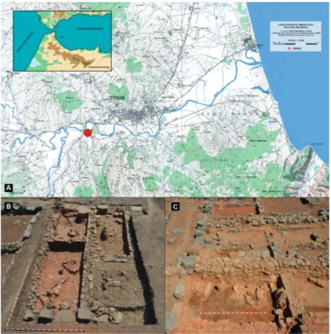 Fig.  1.  Localización de Tamuda (A), y detalles de las excavaciones en los edificios  mauritanos E.O