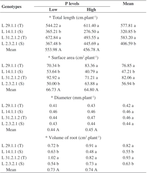TABLE  5.  Total  length,  surface  area,  diameter  and  mean  volume  of  maize  root  genotypes  in  response to low level (4 mg dm -3 ) and high level of P at 21 DAS.