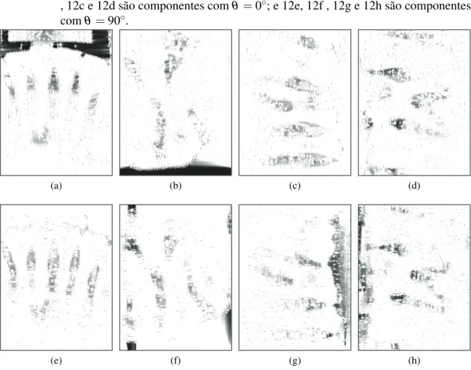 Figura 12 – Exemplos de componentes geradas a partir da aplicação do filtro de Gabor. 12a, 12b , 12c e 12d são componentes com θ = 0 ◦ ; e 12e, 12f , 12g e 12h são componentes com θ = 90 ◦ .