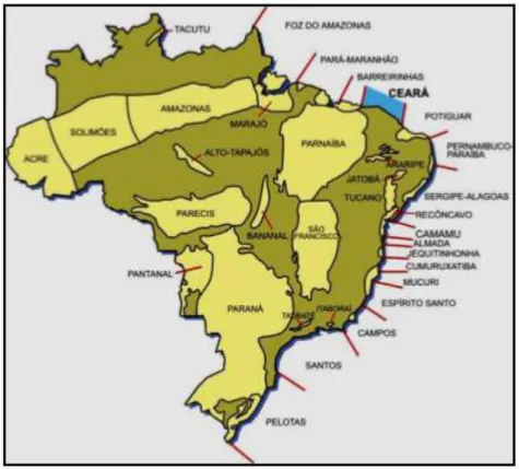 Figura  3.1  –  Distribuição  geográfica  das  principais  bacias  sedimentares  do  Brasil,  com  localização da bacia do Ceará (em azul)