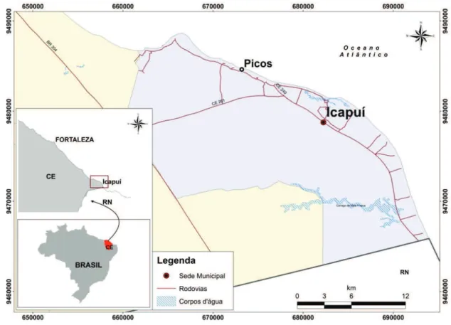 Figura 1 - Área de estudo no extremo leste da costa do Ceará, evidenciando a praia de Picos,  município de Icapuí