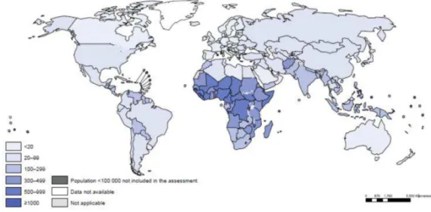 Figura 1 - Razões de mortalidade materna nos países do mundo. Genebra, 2014. 