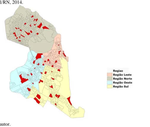Figura 4 - Distribuição dos setores censitários sorteados nos Distritos Sanitários do município de  Natal/RN