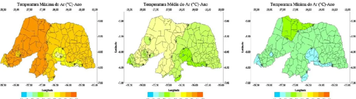 Figura 1.11. Mapas de isolinhas referentes às médias anuais de temperatura  máxima, média e mínima Fonte: Compilado de EMPARN, 2010 