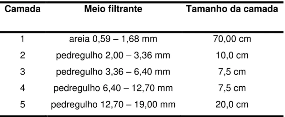 Tabela 3: Camadas filtrante presente nos filtros da ETA Pacatuba. 