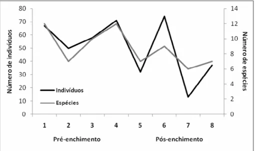 Figura 11. Evolução do número de espécies e indivíduos registados durante a  implantação da PCH Planalto, evidenciando as campanhas separadas por estágio do 