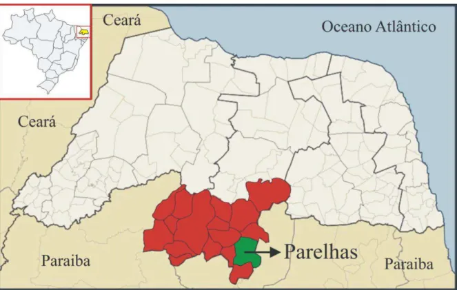 Figura 1: Localização da Região do Seridó (vermelho) e do município de Parelhas (verde) no Rio Grande do  Norte