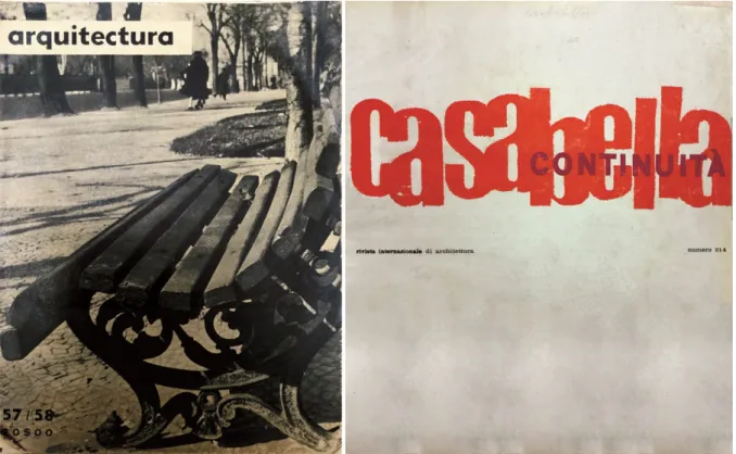 Figure 1. Cover of “Arquitectura”, 57/58, Jan./Feb 1957 and  of “Casabella-Continuità”, 214, Feb./March 1957.