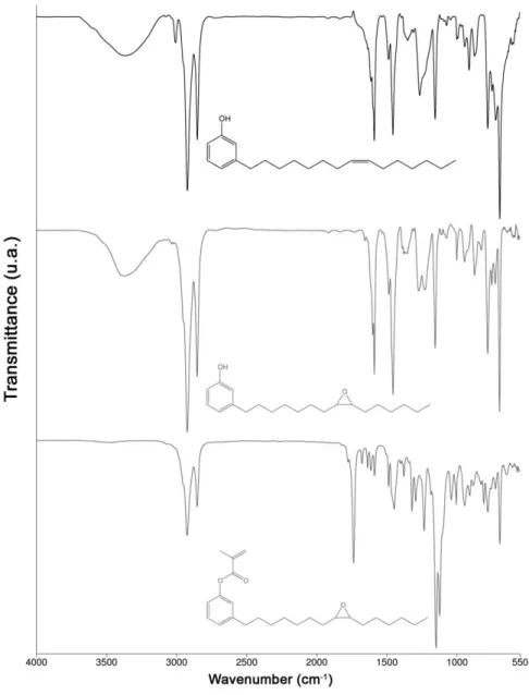 Figure  2  –   FTIR  spectra  obtained  from  the  monomers  unsaturated  cardanol  (CNU  -  top  spectrum),  cardanol-epoxy  (CNE  –   middle  spectrum)  and  cardanol-methacrylate-epoxy  (CNME  –  bottom spectrum)