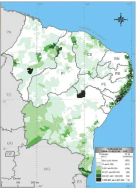 FIGURA 12 - Distribuição da produção da cana-de-açúcar em 2008. Fonte IBGE 2008 