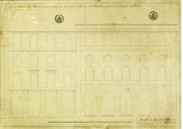 Fig. 9 - “Prospecto que Francisco Rodrigues Batalha pretende edificar na Rua Nova da Princesa n.º 115  até  ao  Cunhal  da  Travessa  de  St.ª  Justa  –  n.º159”,  Arquivo  Municipal  de  Lisboa,  ADMG-E-08-0101  (69,5 x 49 cm).