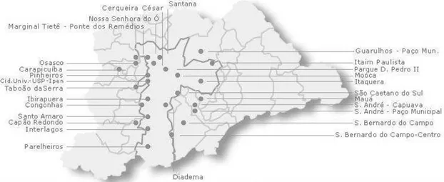 Figura  2.1  Localidades  com  estações  medidoras  de  concentrações  de  poluentes  atmosféricos  na  Região  Metropolitana de São Paulo