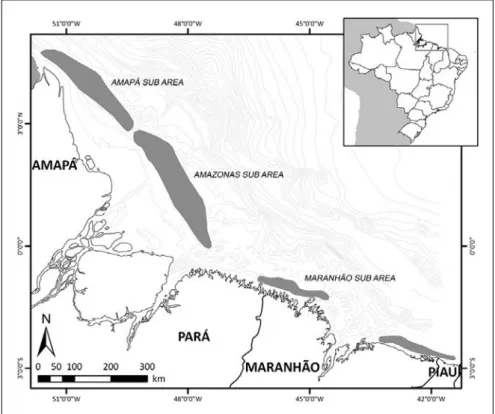 Figura 1 - Áreas de operação da pesca industrial de camarão-rosa Penaeus subtilis (Pérez  Farfante, 1967) na costa norte do Brasil