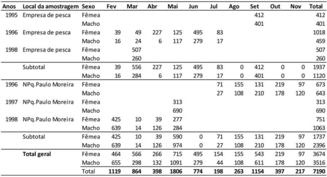 Tabela 1 - Número de indivíduos por sexo nas amostragens biométricas de Penaeus subtilis obtidas nos desembarques in- in-dustriais e em cruzeiros do navio de pesquisa Almirante Paulo Moreira, na plataforma continental amazônica, no período  de 1995 a 1998.