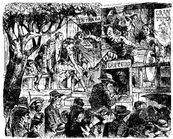 Figura 1: A parada de um teatro de arlequins, ilustração de Manuel de  Macedo, Diário Ilustrado, 17-07-1872 