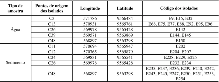 Tabela 1 - Codificação das amostras e culturas de Enterococcus spp. isoladas de água e  sedimento da Lagoa do Catu