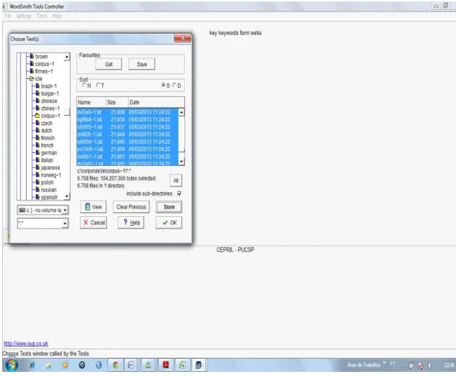 Figura 3.7. Seleção de textos no WordSmith Tools. 