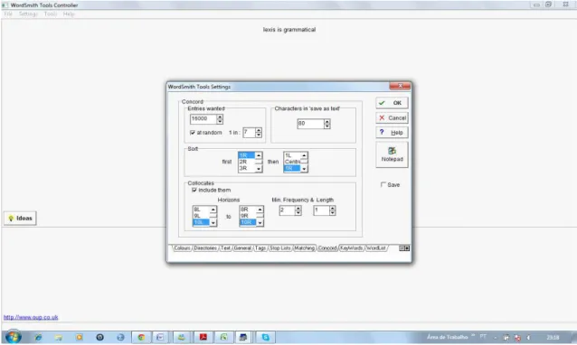 Figura 3.10. Settings do Concord no WordSmith Tools. 