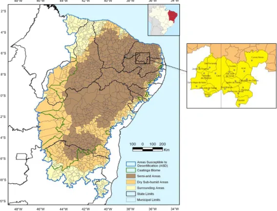 Figure 5.4: Areas susceptible to desertification according to the UNCCD (see legend). The inset shows the location of Northeast Brazil (in red)