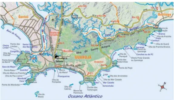 Figura 11 - Mapa de Guarujá com a localização da comunidade da cachoeira no centro do dragão ocom destaque em negrito
