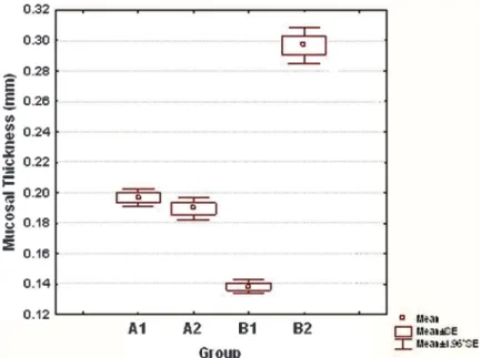 Figure 2 - Comparative box plots of the mean of mucosal thickness measures in control rats (A1), rats treated prophylactically using SCFAs (A2), control rats (B1), and rats treated with SCFAs (B2)